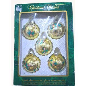 Vintage Commodore Christmas Classics Hand Decorated Glass Ornaments Set Of 5 Gol